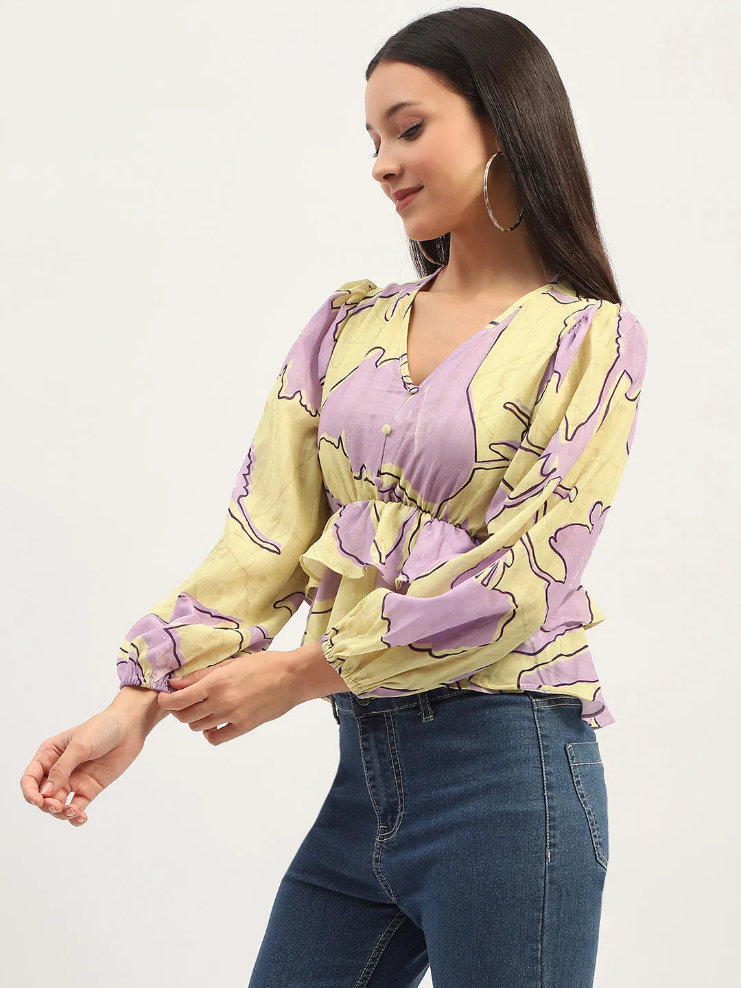Madame Floral Print Peplum Lime Top FlexibleCollar premium fabric
