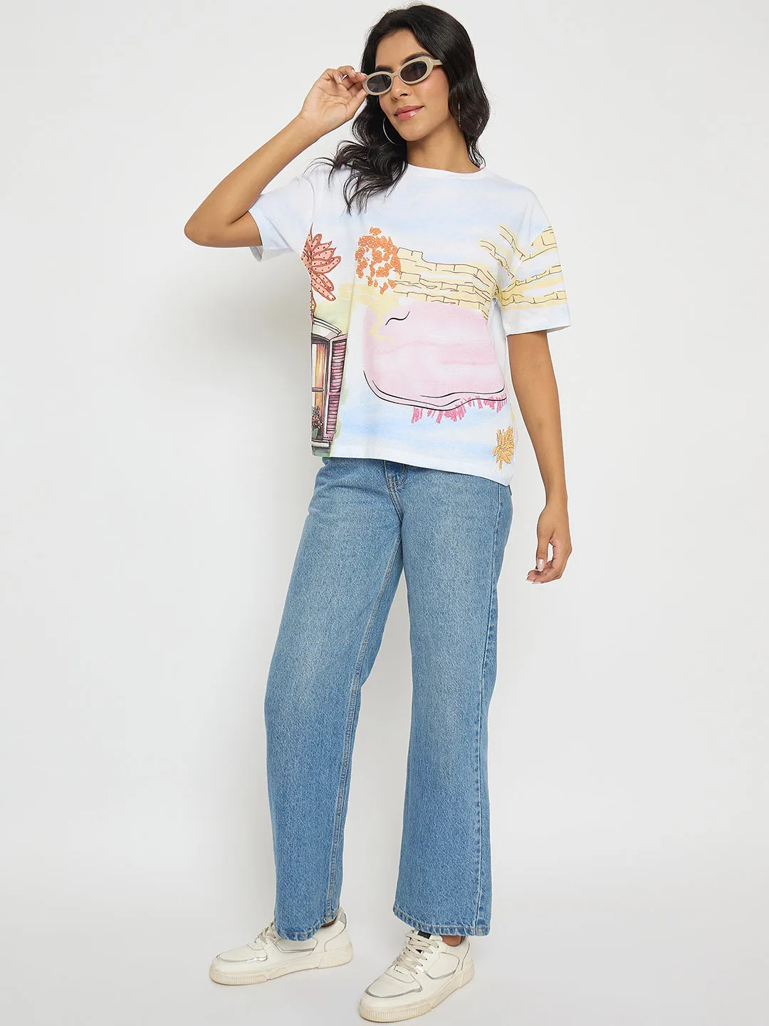 Madame All Over Print Cotton Blend White T-Shirt Ribbed Neckline
