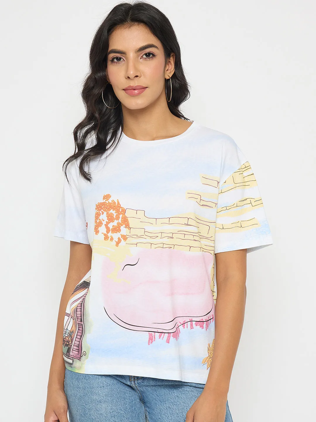 Anti Pilling Finish Perfect for Workouts Madame All Over Print Cotton Blend White T-Shirt