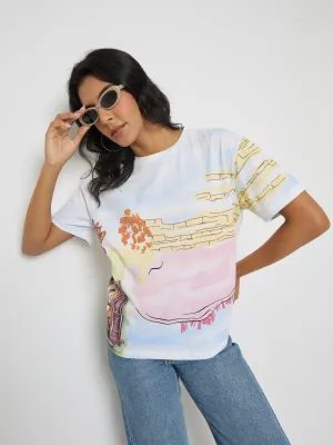 Chic Look winter warmth Madame All Over Print Cotton Blend White T-Shirt