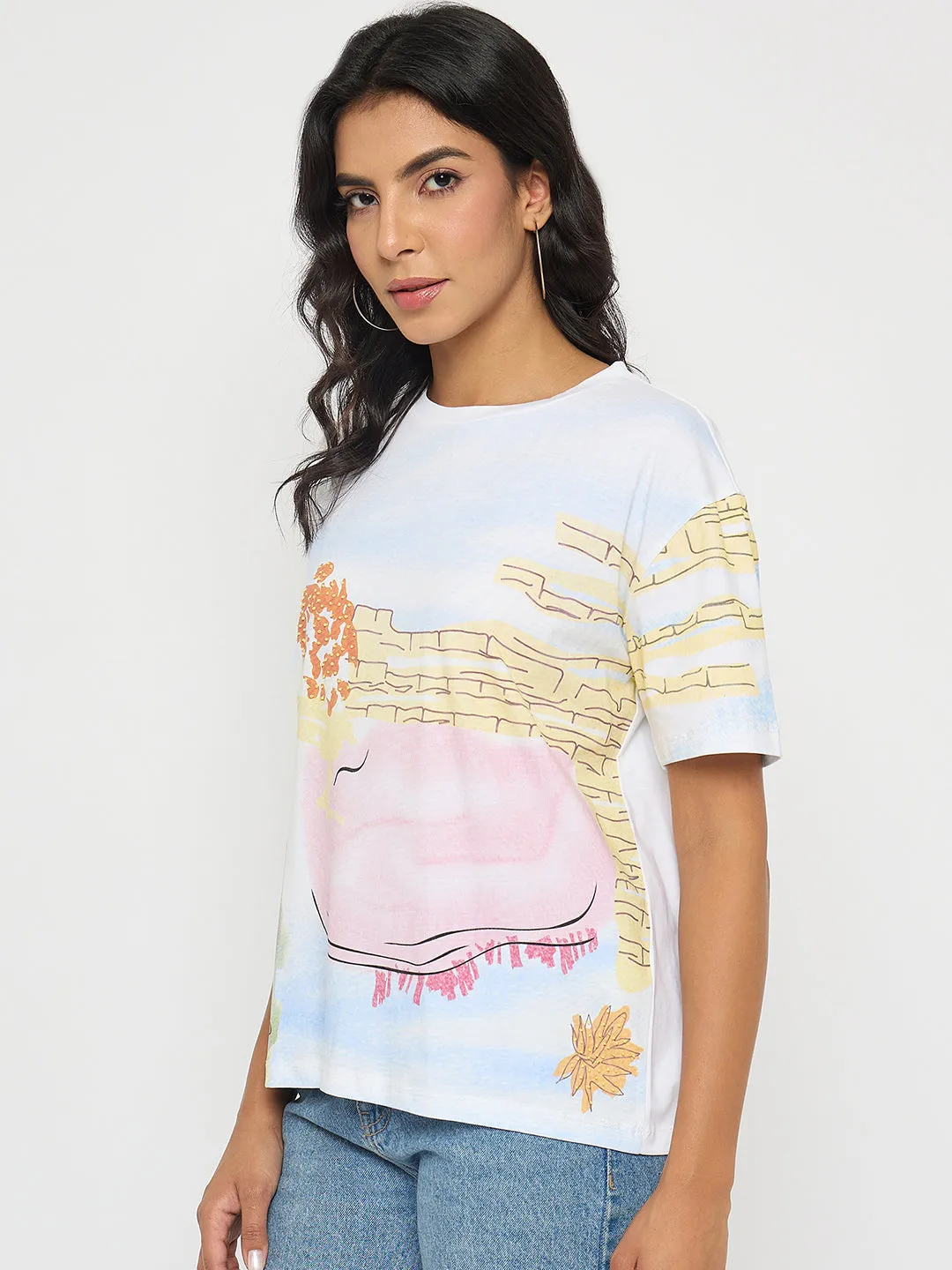 Casual Comfort Top Comfort First Madame All Over Print Cotton Blend White T-Shirt