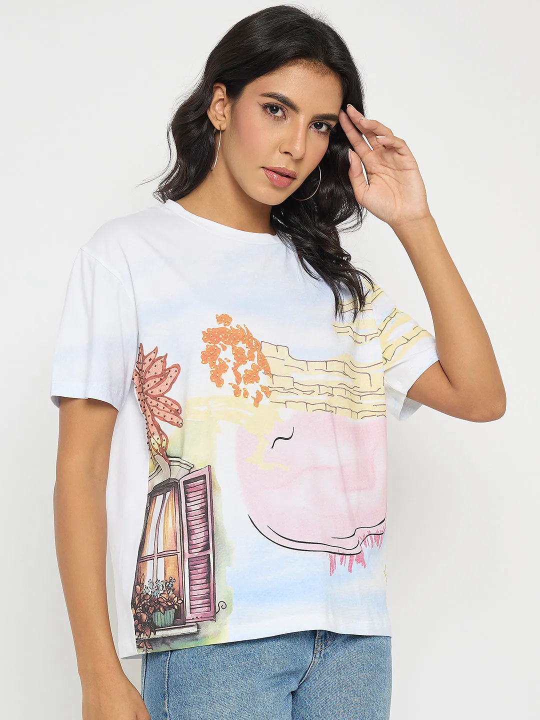 Madame All Over Print Cotton Blend White T-Shirt NonIrritating Fabric