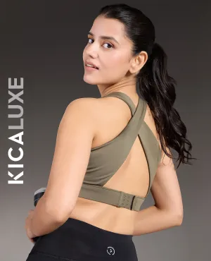 Luxe Crostini Full Coverage And High-Impact Sports Bra Olive Crossback seams racerback