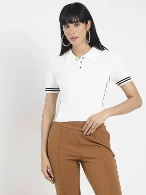 Madame Contrast Trim Polo Neck White Knitted T-shirt Layered Look