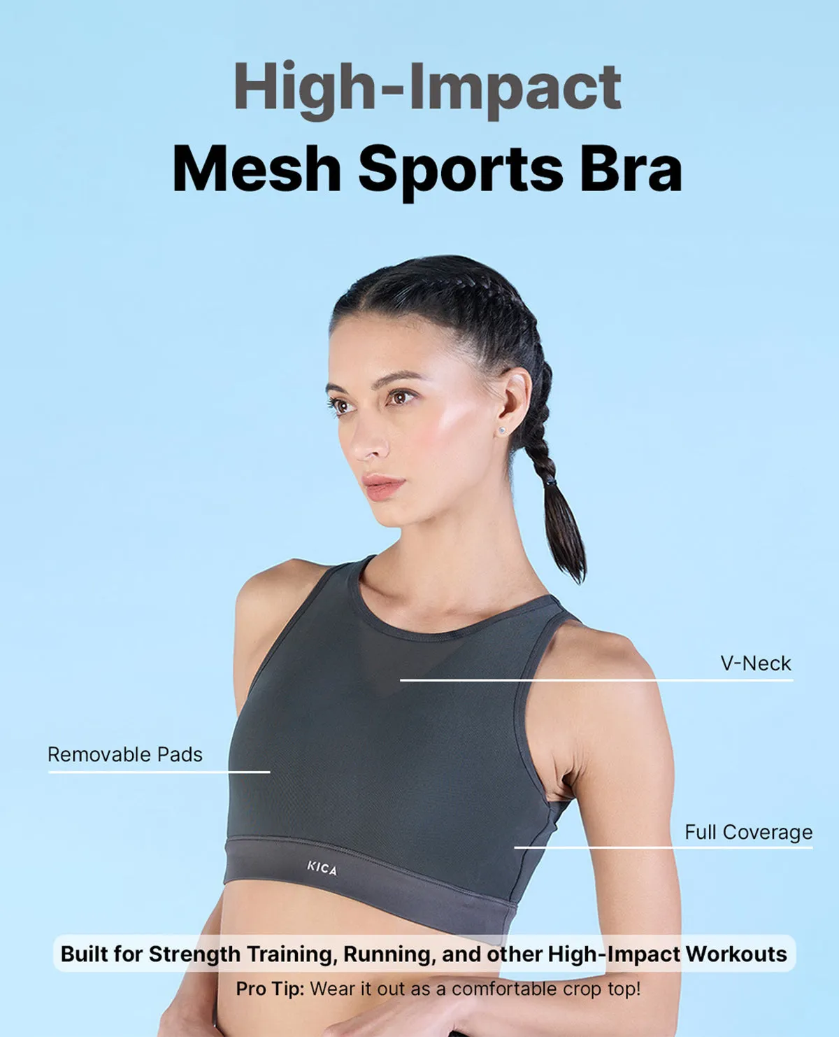 Elastic cuffs seams Breathable Cotton High Impact & Full Coverage Mesh Sports Bra