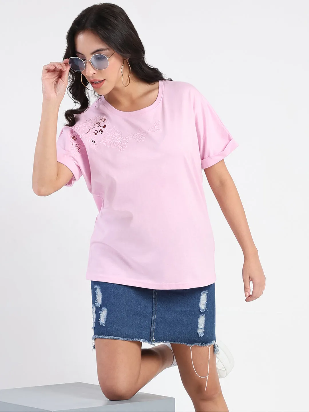 Minimal Comfort Style Madame Embroidery Cutwork Detail Solid Lilac Cotton T-shirt