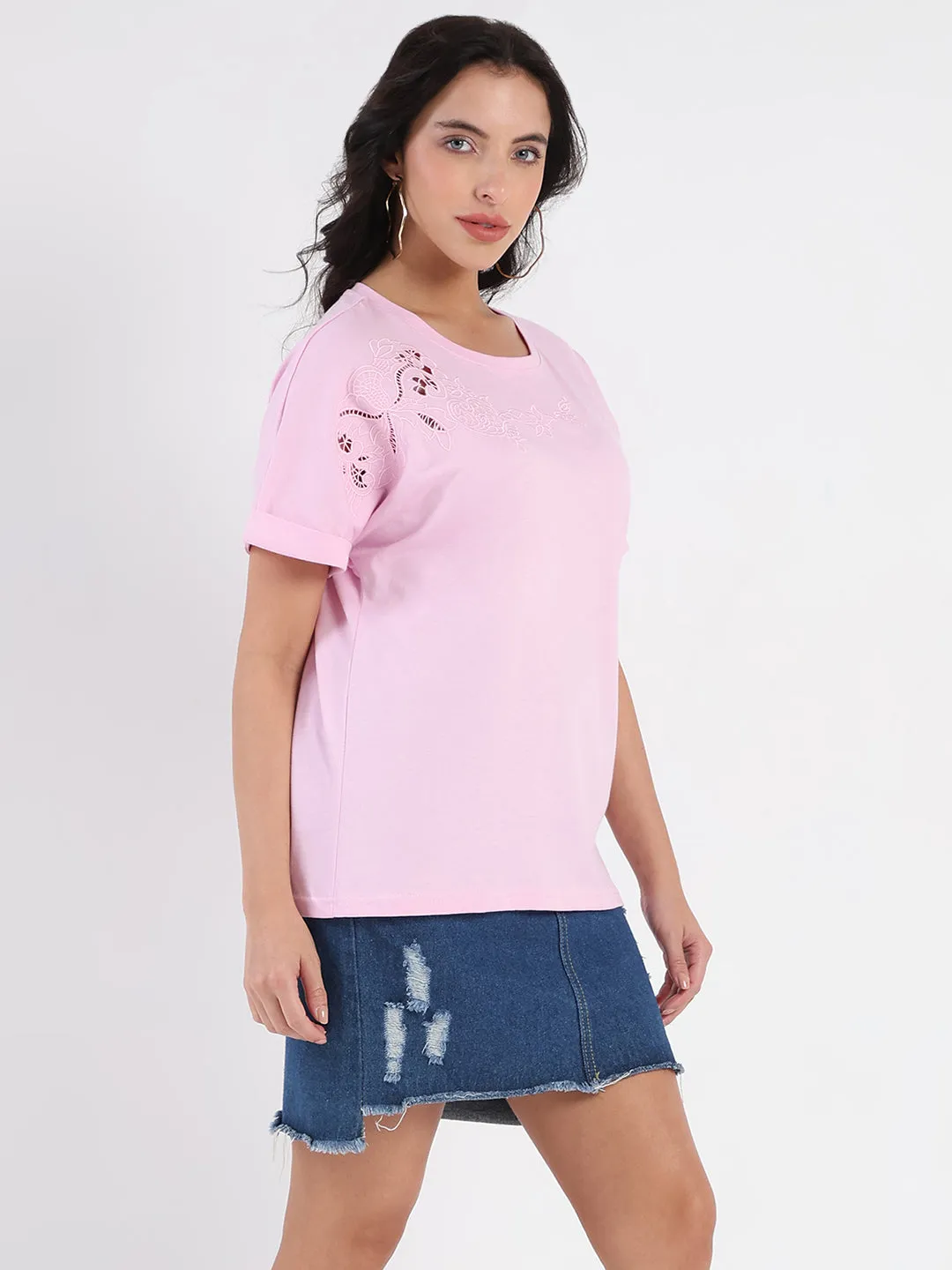 Street Trendy Madame Embroidery Cutwork Detail Solid Lilac Cotton T-shirt