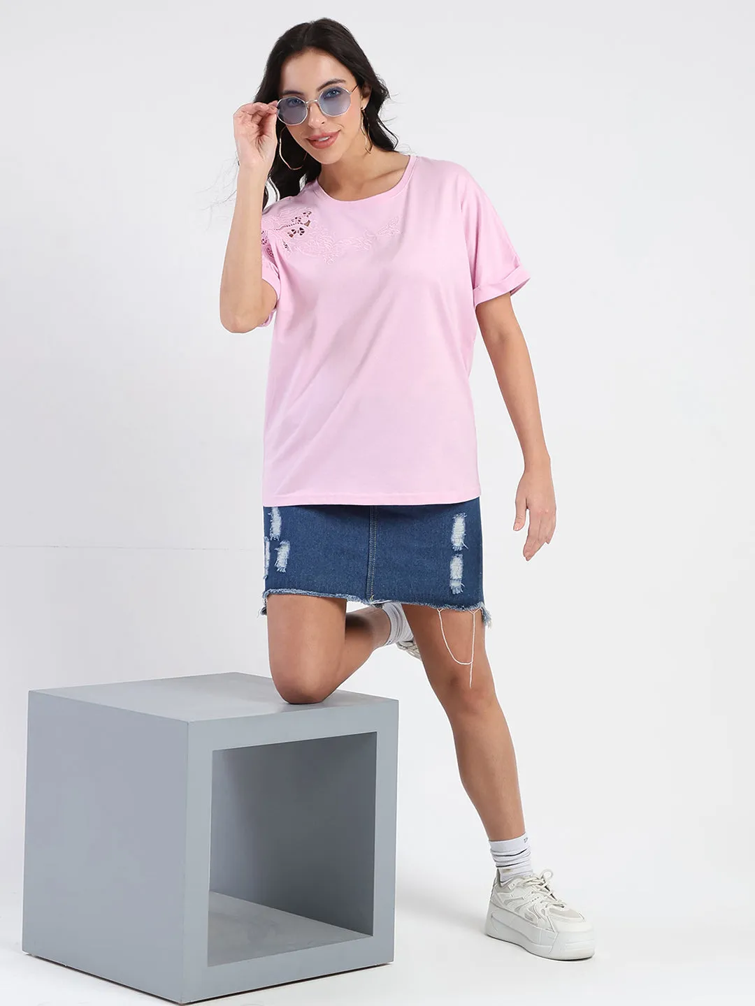 Cool and Comfortable Madame Embroidery Cutwork Detail Solid Lilac Cotton T-shirt