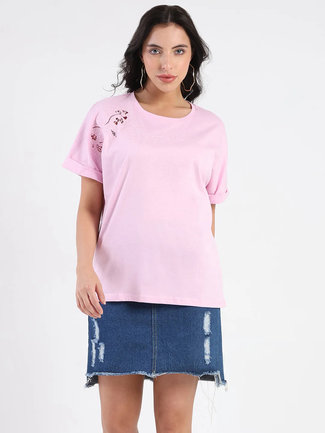 Trendy Comfort Wear winter warmth Madame Embroidery Cutwork Detail Solid Lilac Cotton T-shirt