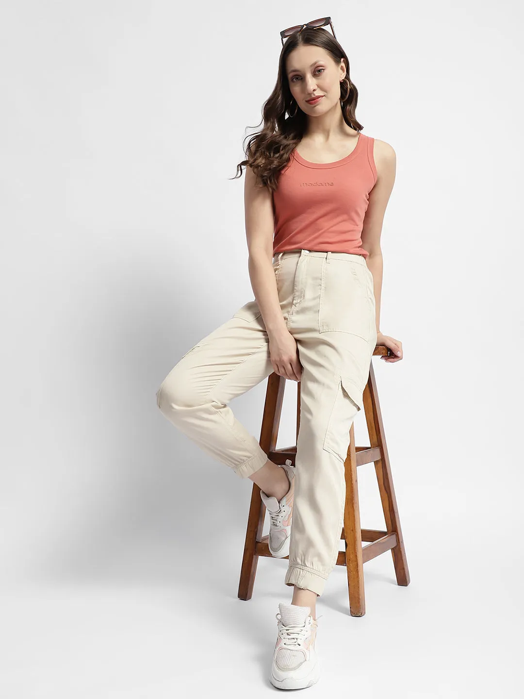 Madame Off-White Tapered Fit Mid-Rise Joggers Durable Waistband Stain Repellent Coating