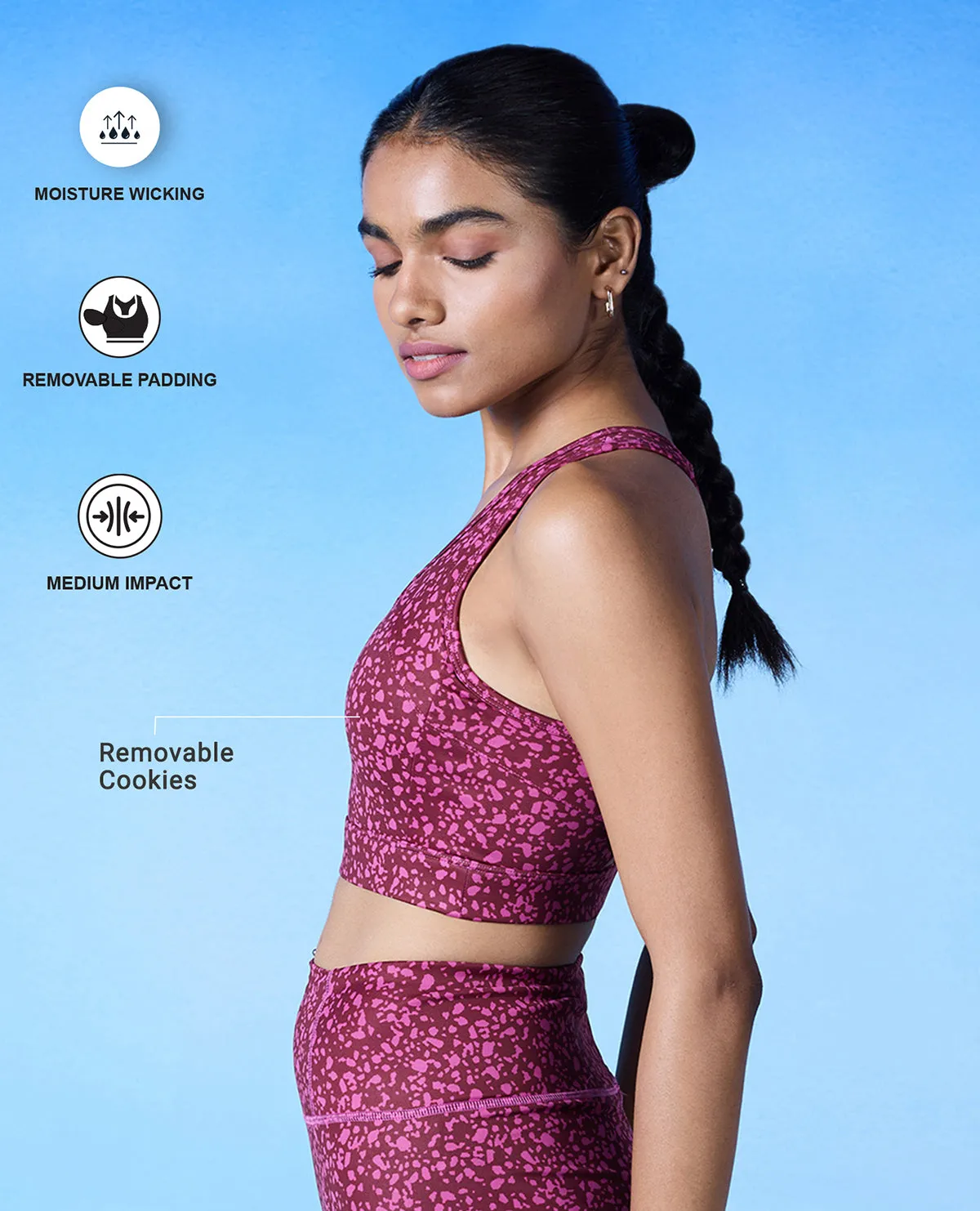 Nykd All Day On-Trend Sports Bra With Keyhole Back - NYK082 - Scatter Tawny Print Buttoned seams Comfortable lining