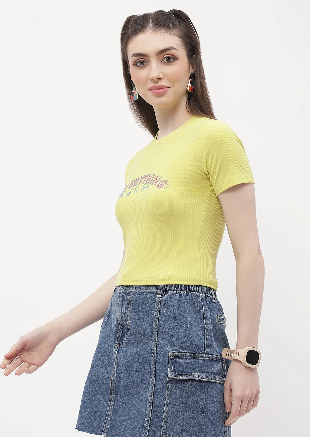 Floral freshness Madame Typography Lemon Yellow Crop T-Shirt