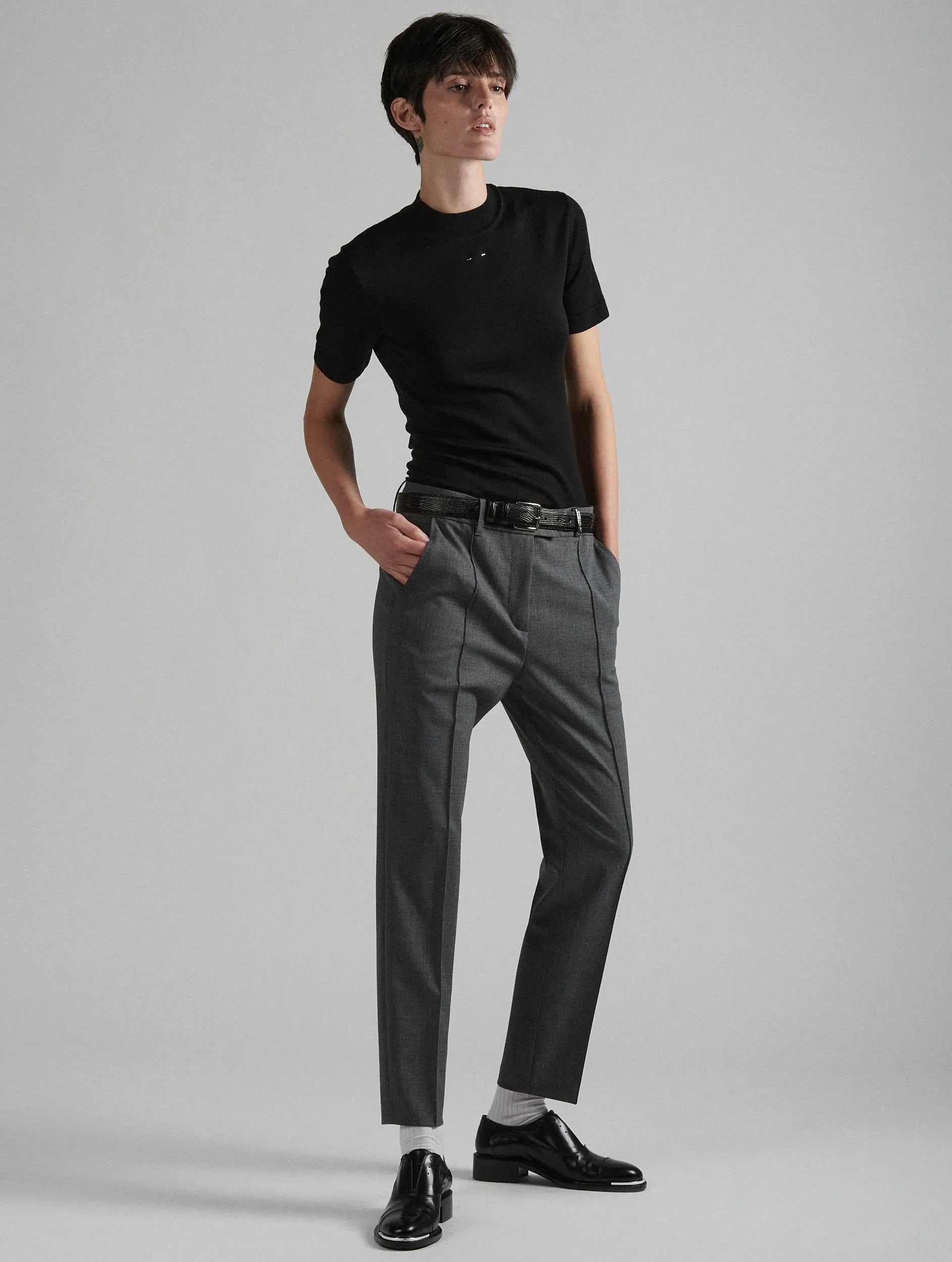 Grey stretch wool gabardine roxy trousers Belt loops TaperedLeg