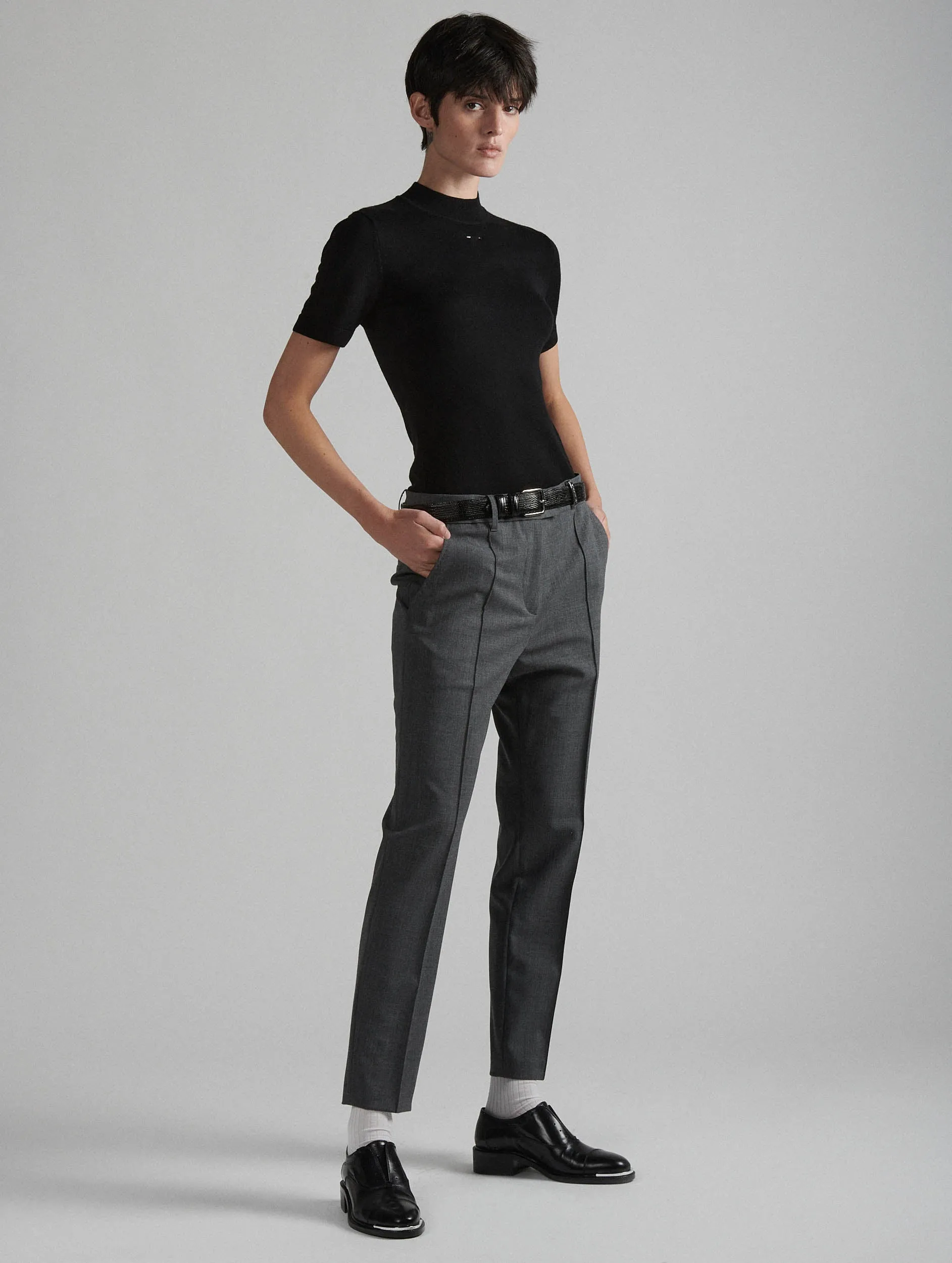 Grey stretch wool gabardine roxy trousers Chilly Day Wear