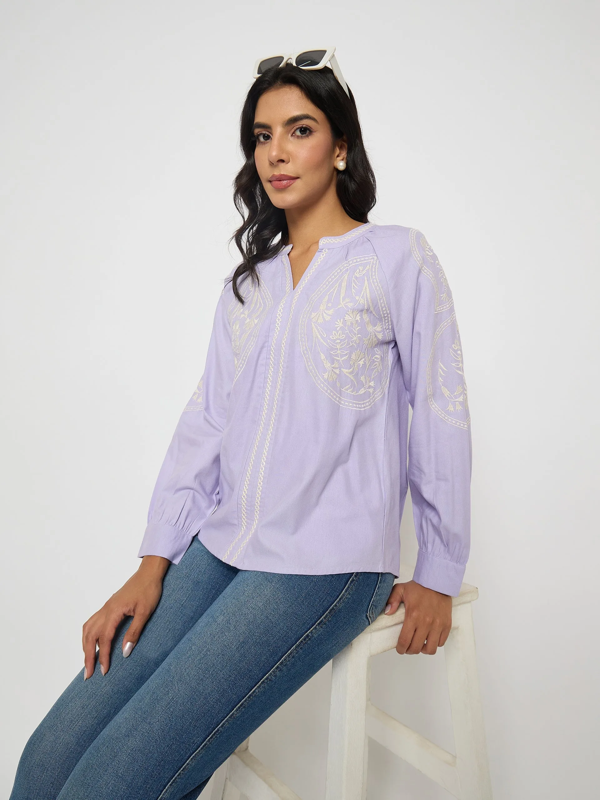 Madame Floral Embroidery Lilac Viscose Blend Top Light Fit Comfortable Hoodie