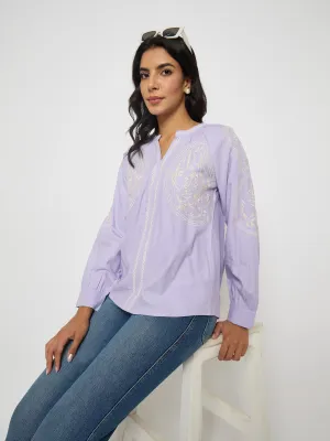 Madame Floral Embroidery Lilac Viscose Blend Top Light Fit Comfortable Hoodie