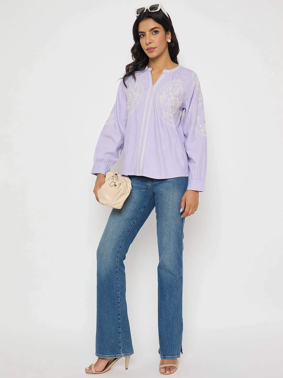Madame Floral Embroidery Lilac Viscose Blend Top SweatAbsorbentLining