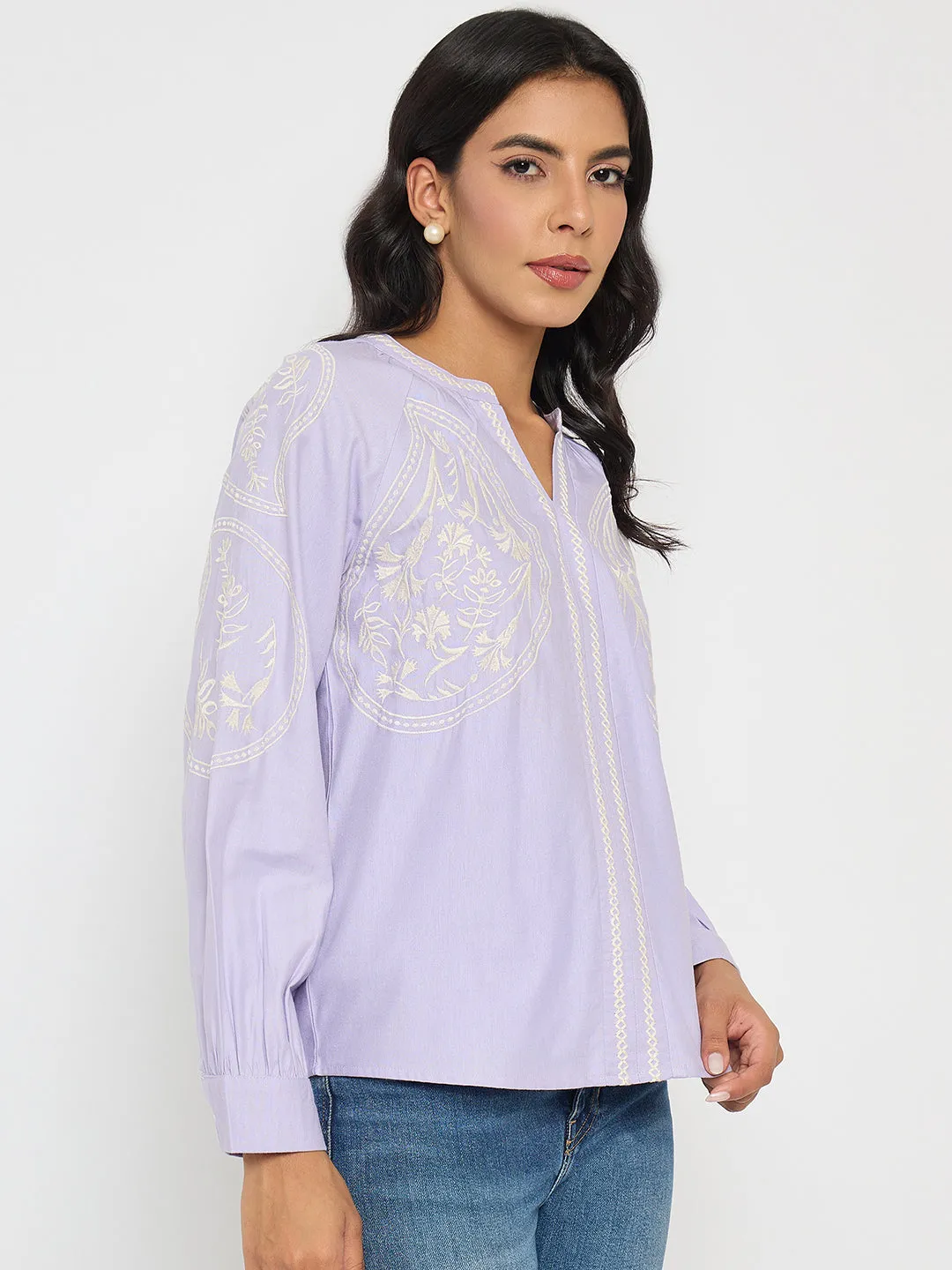Madame Floral Embroidery Lilac Viscose Blend Top OdorControl Technology
