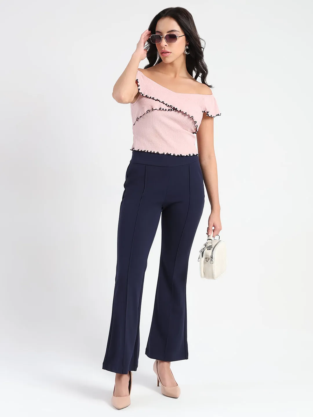 Light Fit Soft Interior Madame Side Zipper Flared Navy Blue Knitted Moss Trousers
