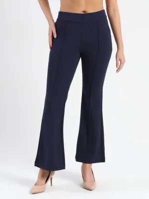 Madame Side Zipper Flared Navy Blue Knitted Moss Trousers Non Restrictive Cut DurableBartack