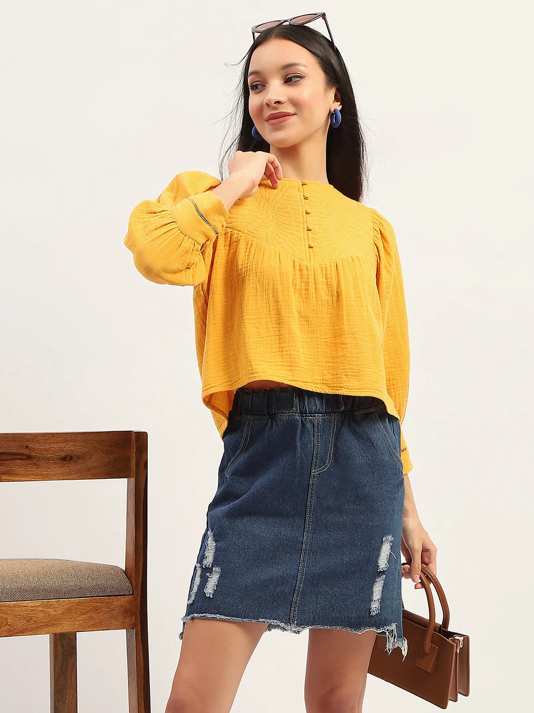 Madame Bishop Sleeve Mustard Yellow Top Fast Fit