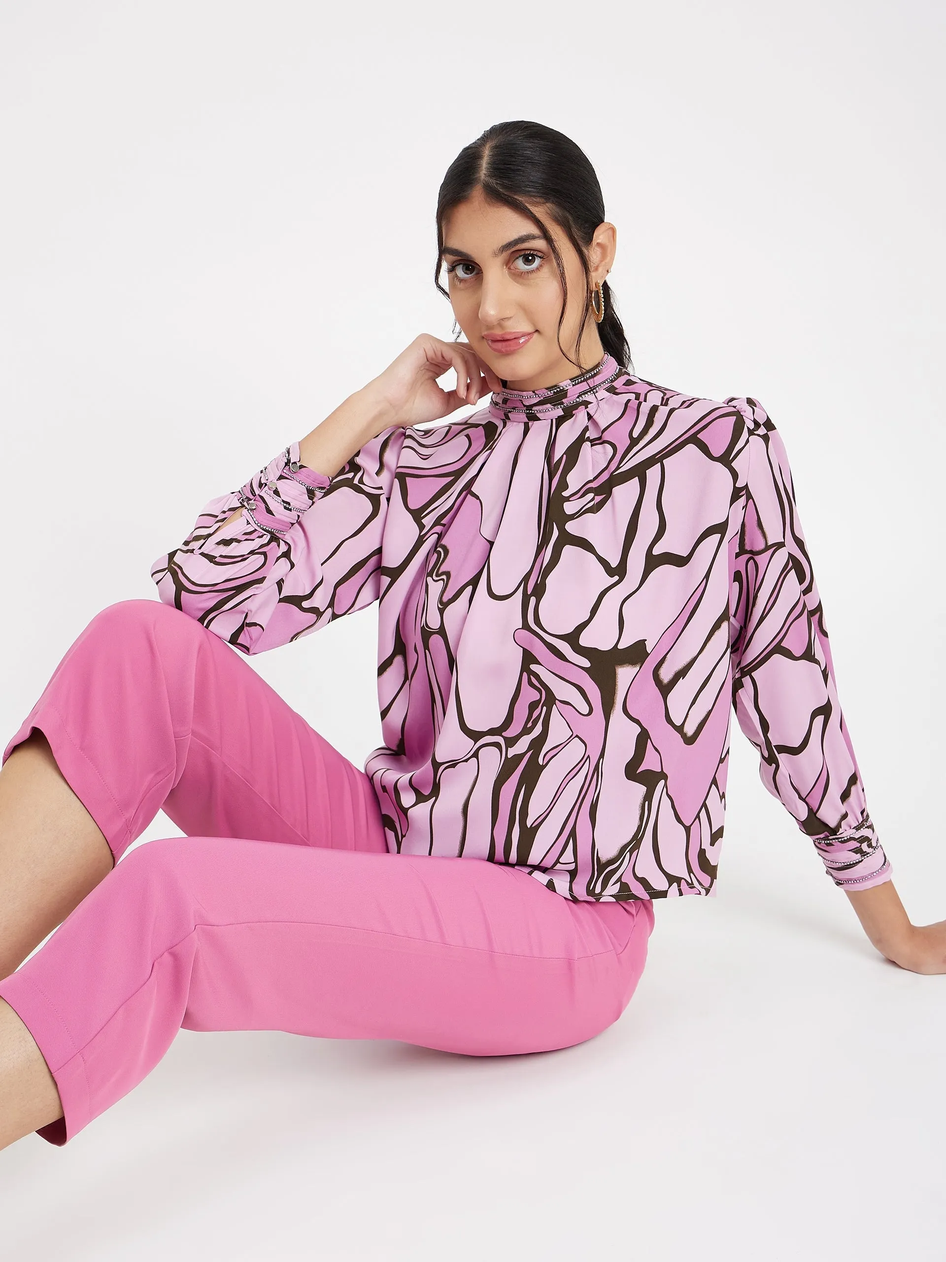 StainlessZippers Madame Embellished Butterfly Print Mock Neck Mauve Top