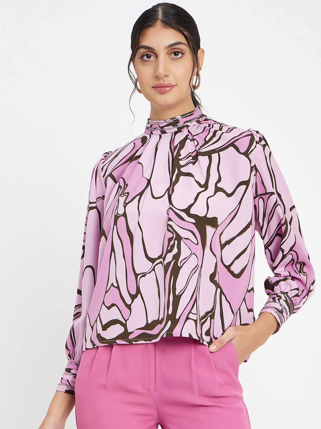 Trendy Design LightweightDesign Madame Embellished Butterfly Print Mock Neck Mauve Top