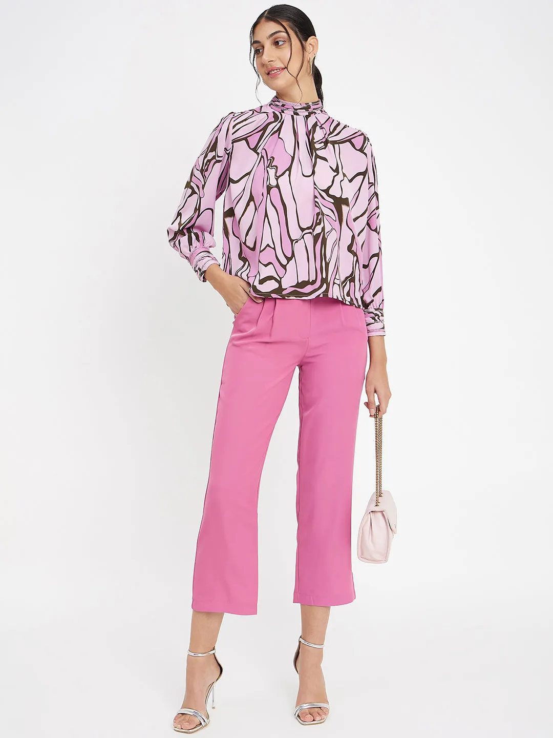 Recycled Polyester Soft Flow Madame Embellished Butterfly Print Mock Neck Mauve Top