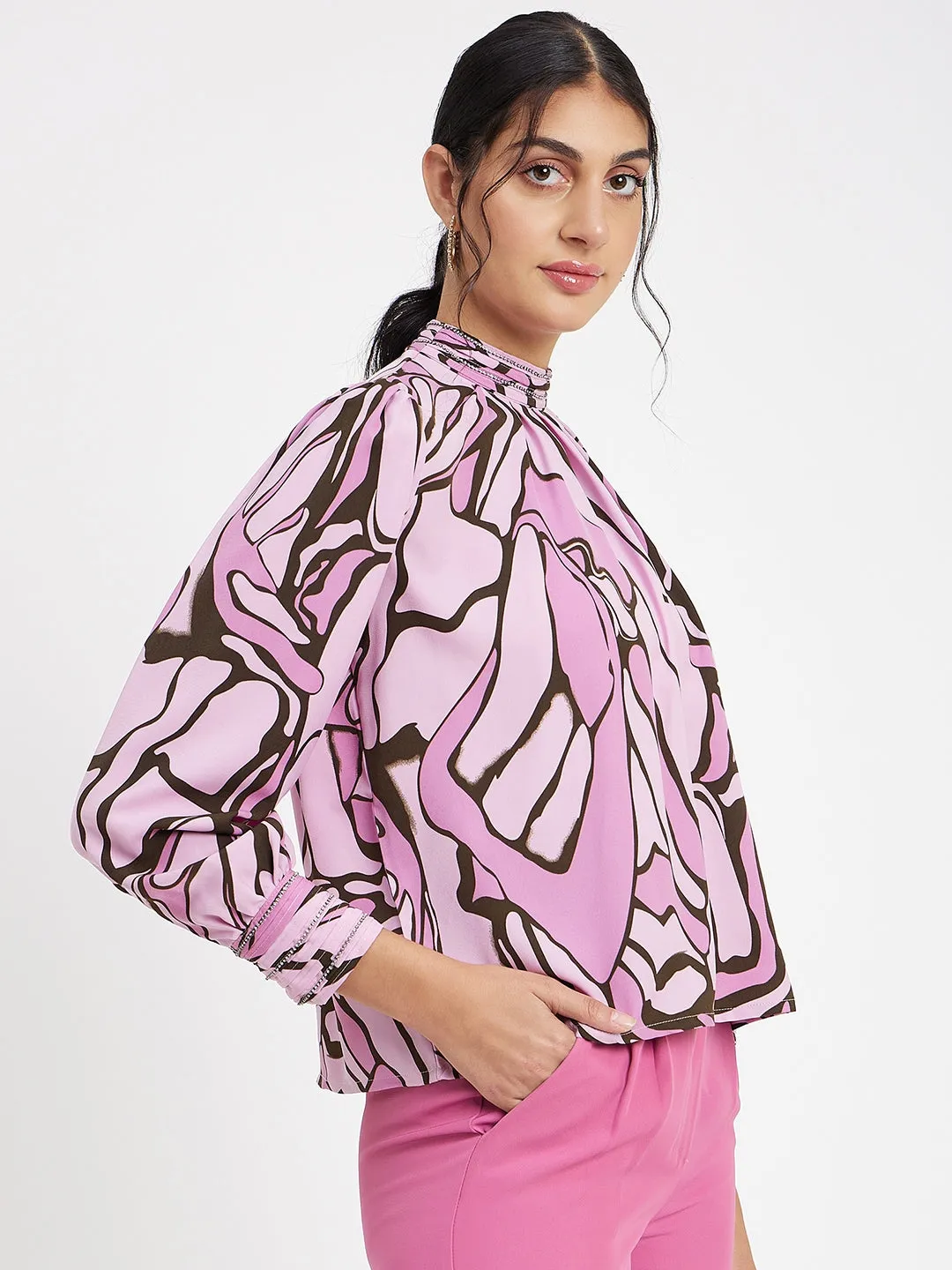 Madame Embellished Butterfly Print Mock Neck Mauve Top Adjustable Waistbands AbrasionResistantClothing