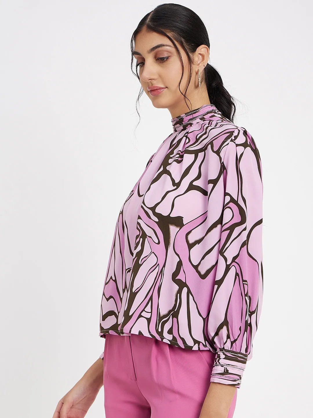 NonBindingEdges Morning Walk Madame Embellished Butterfly Print Mock Neck Mauve Top