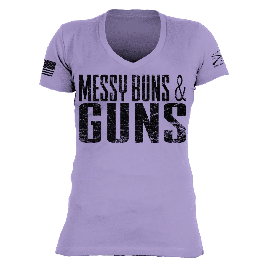 Women's Messy Buns & Guns V-Neck - Lavender RibbedNeckBanding Modern Simplicity