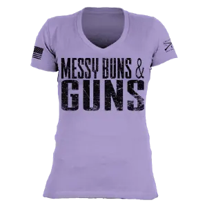Women's Messy Buns & Guns V-Neck - Lavender RibbedNeckBanding Modern Simplicity