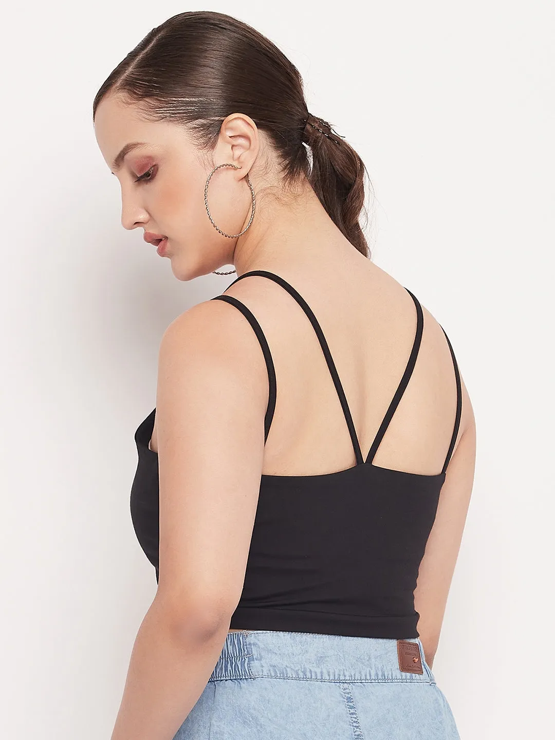 Casual Style Italian Flair Madame Black Solid Cami Crop Top