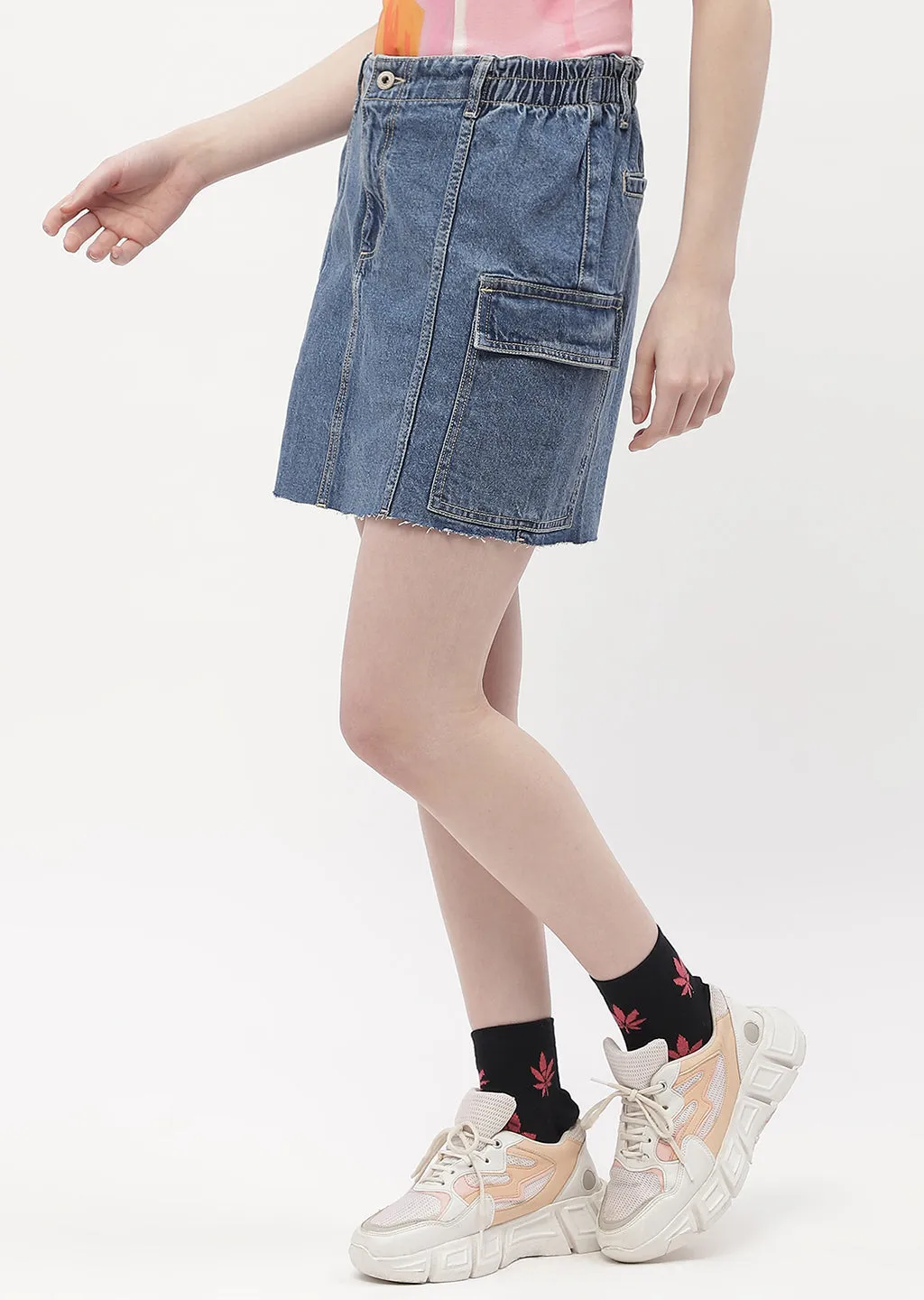 Future Edge Simple Fashion Madame Flap Pocket Blue Mini Skirt