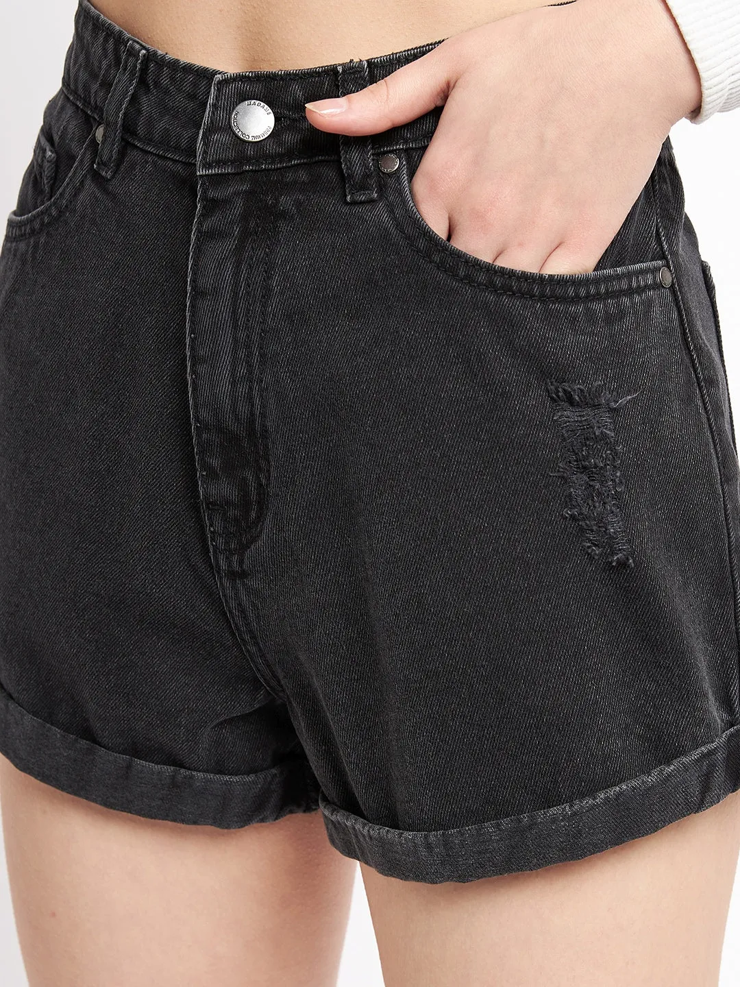Leader Core Brunch Fit Madame Folded Hem Black Denim Shorts
