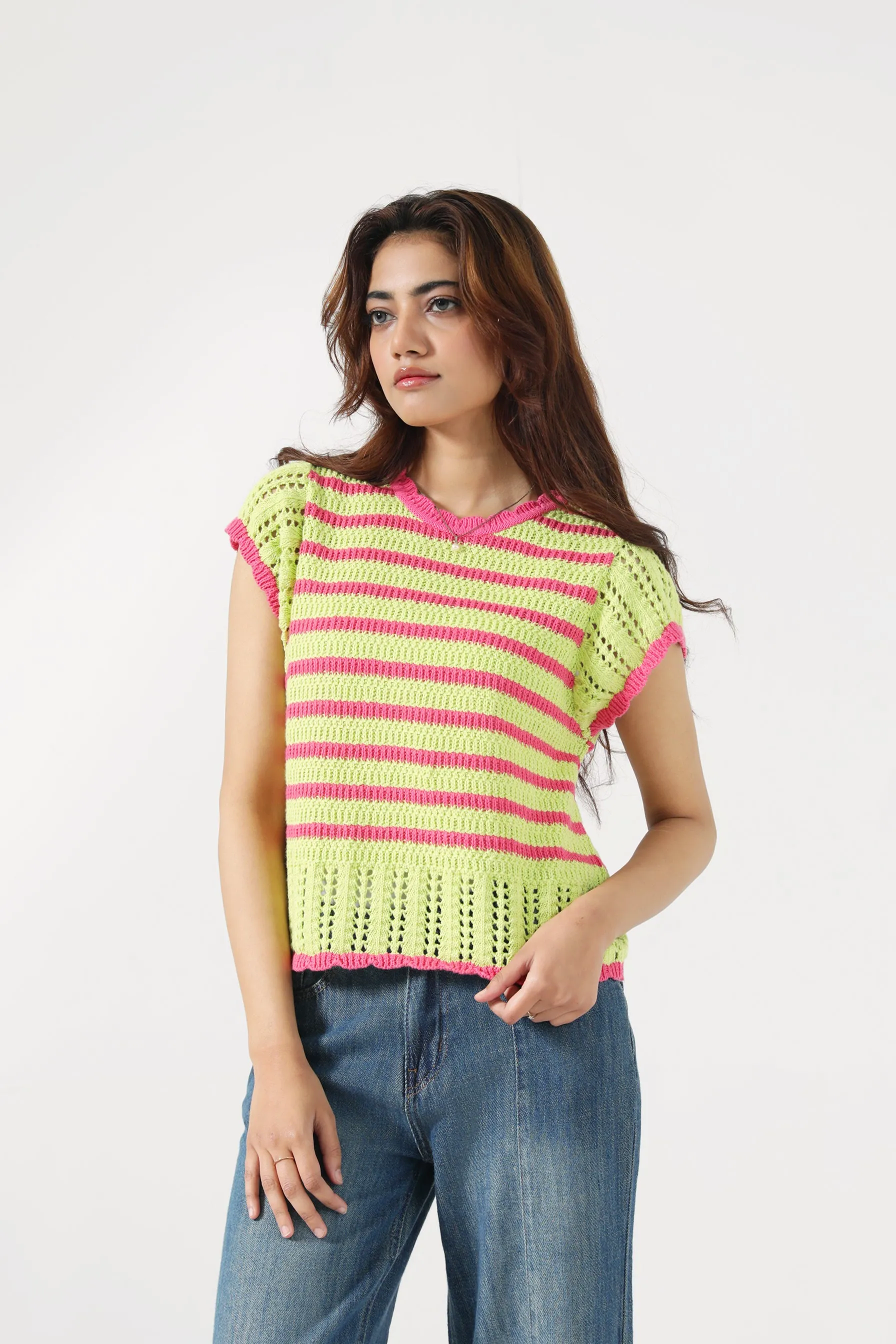 CONTRAST CROCHET KNIT TOP Heroine Glow Pure Tone