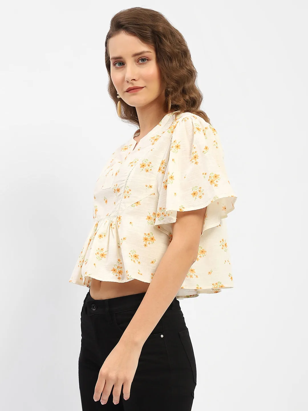 Madame Mandarin Collar Ruffle Detailing Printed Cotton Peplum Top Modular Attachment System