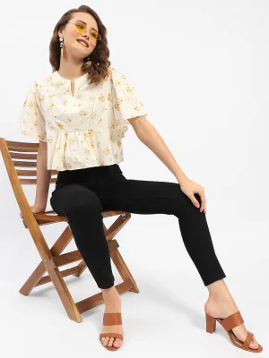Glow Up Madame Mandarin Collar Ruffle Detailing Printed Cotton Peplum Top