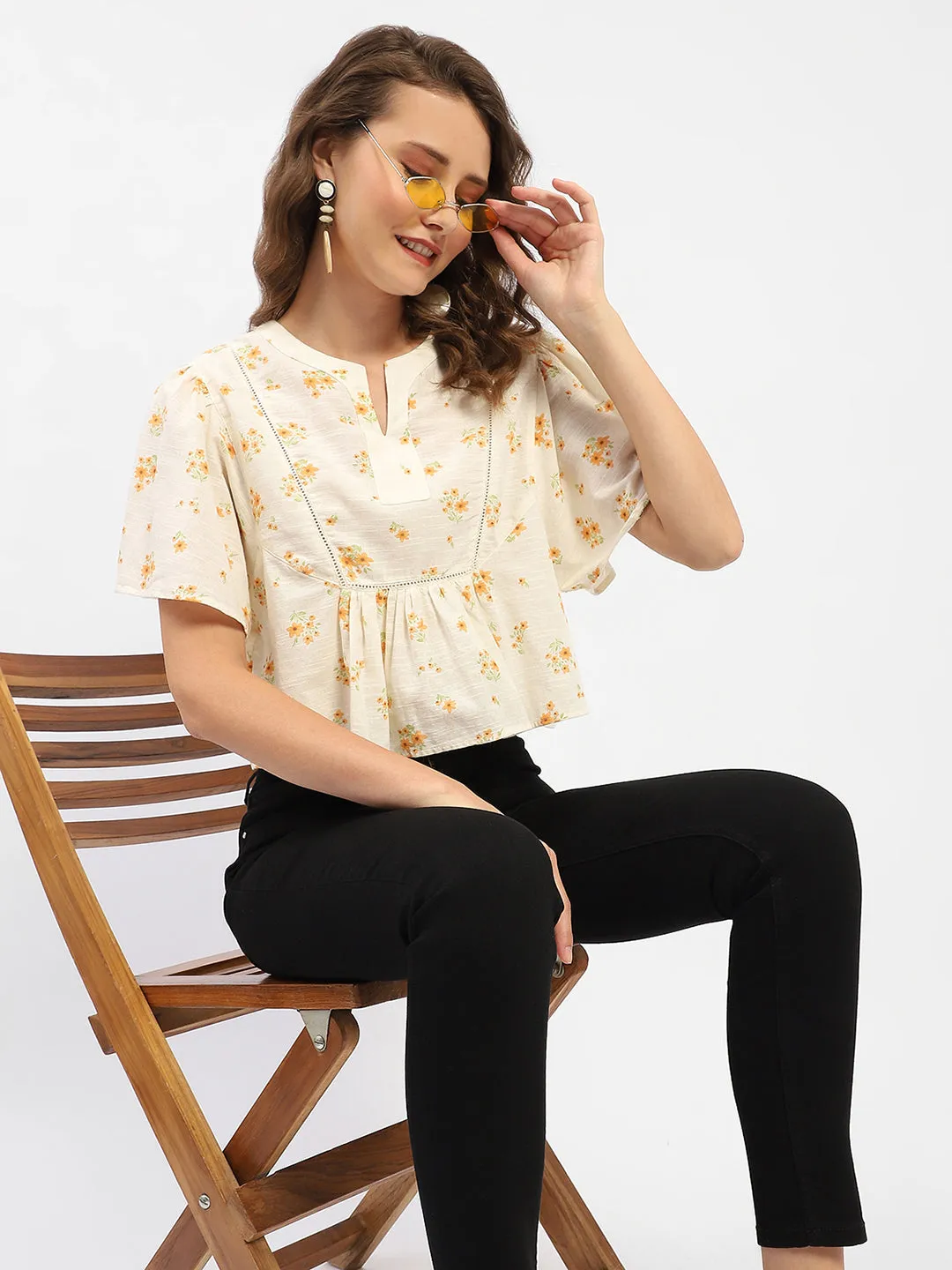 Madame Mandarin Collar Ruffle Detailing Printed Cotton Peplum Top breathable materials SheerLayeredPanels
