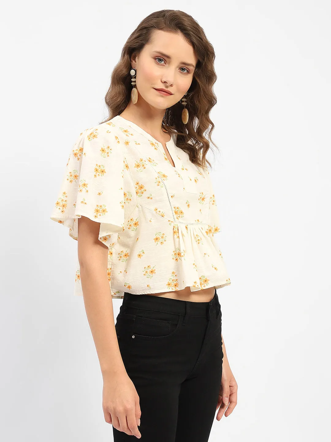 Ventilation Panels Madame Mandarin Collar Ruffle Detailing Printed Cotton Peplum Top