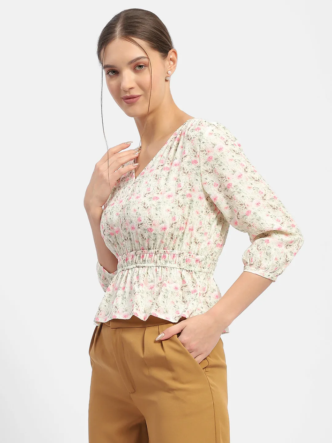 WindproofInterior Madame Floral Print Pink Peplum Top