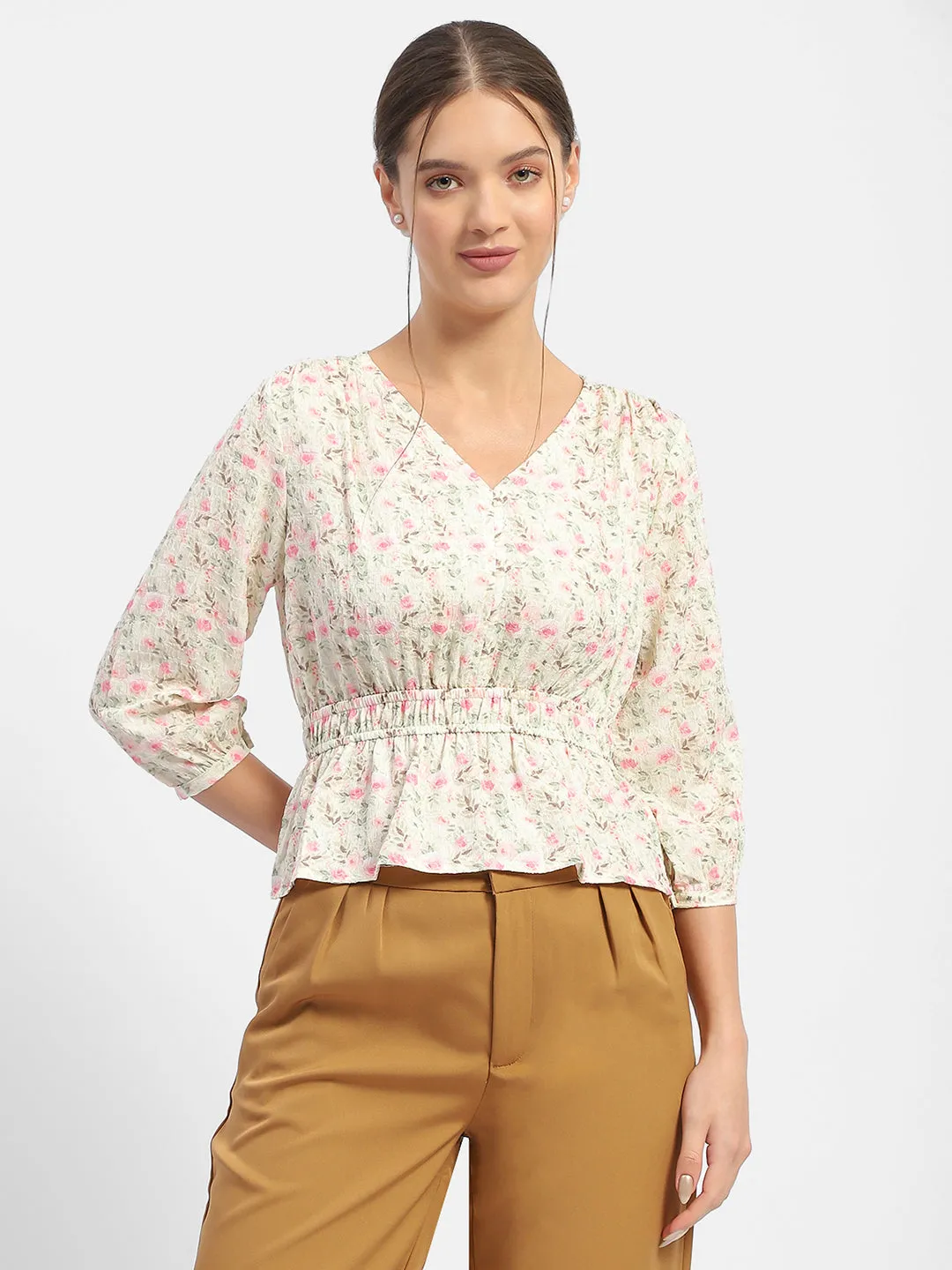 Madame Floral Print Pink Peplum Top Wild Mood