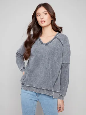 Dream Base Cold Dye French Terry V-Neck Top - Charcoal
