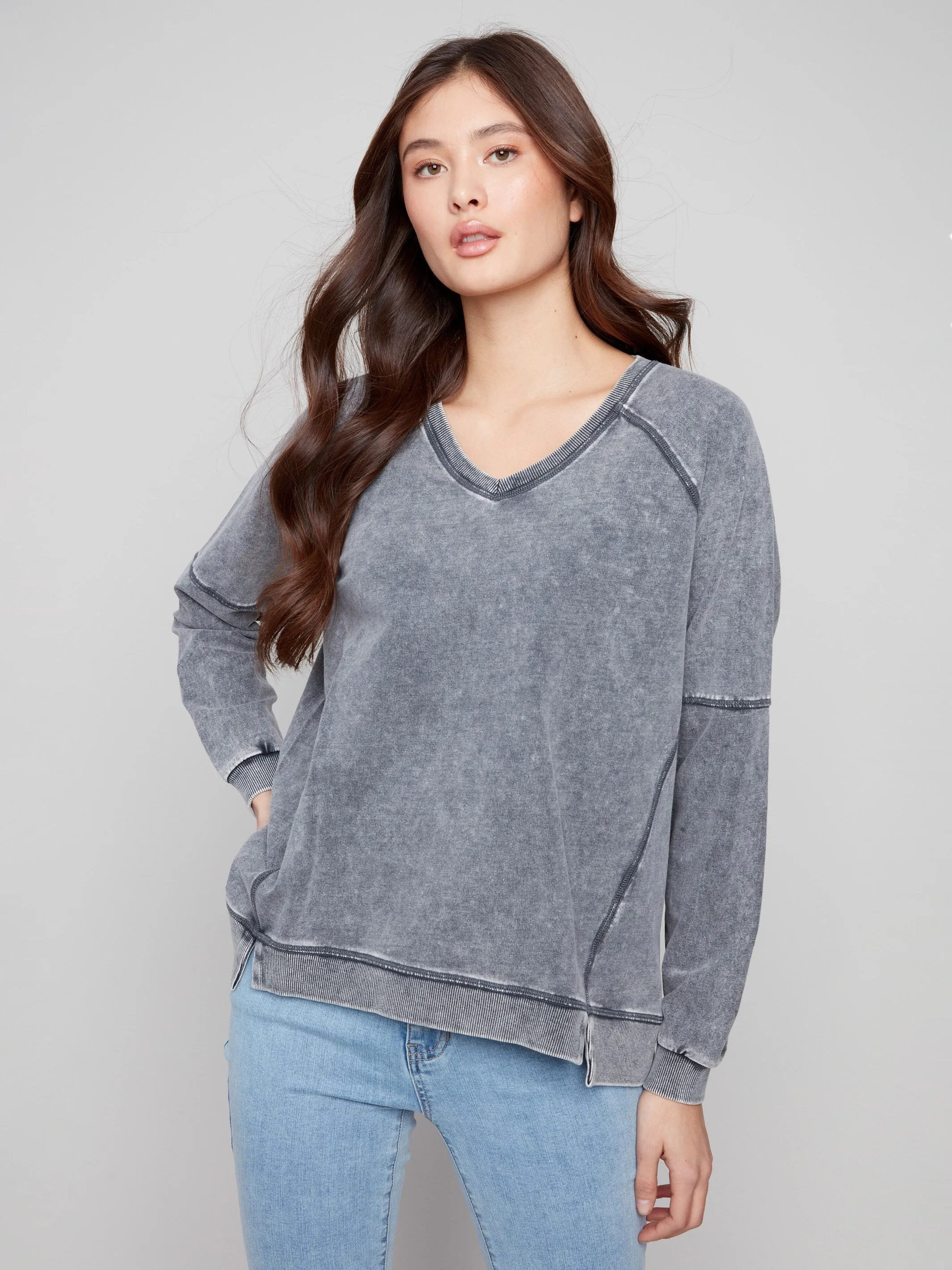 Cold Dye French Terry V-Neck Top - Charcoal FourWay Stretch