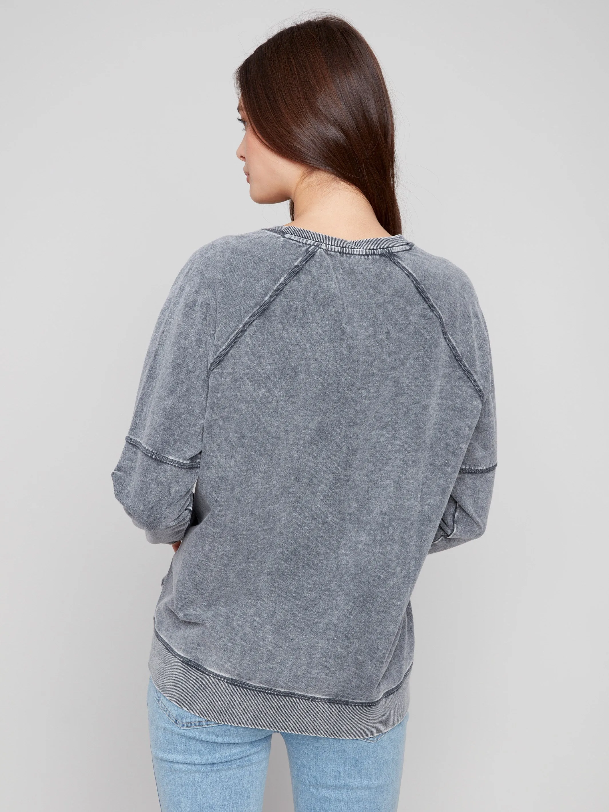 Cold Dye French Terry V-Neck Top - Charcoal Comfortable Hoodie
