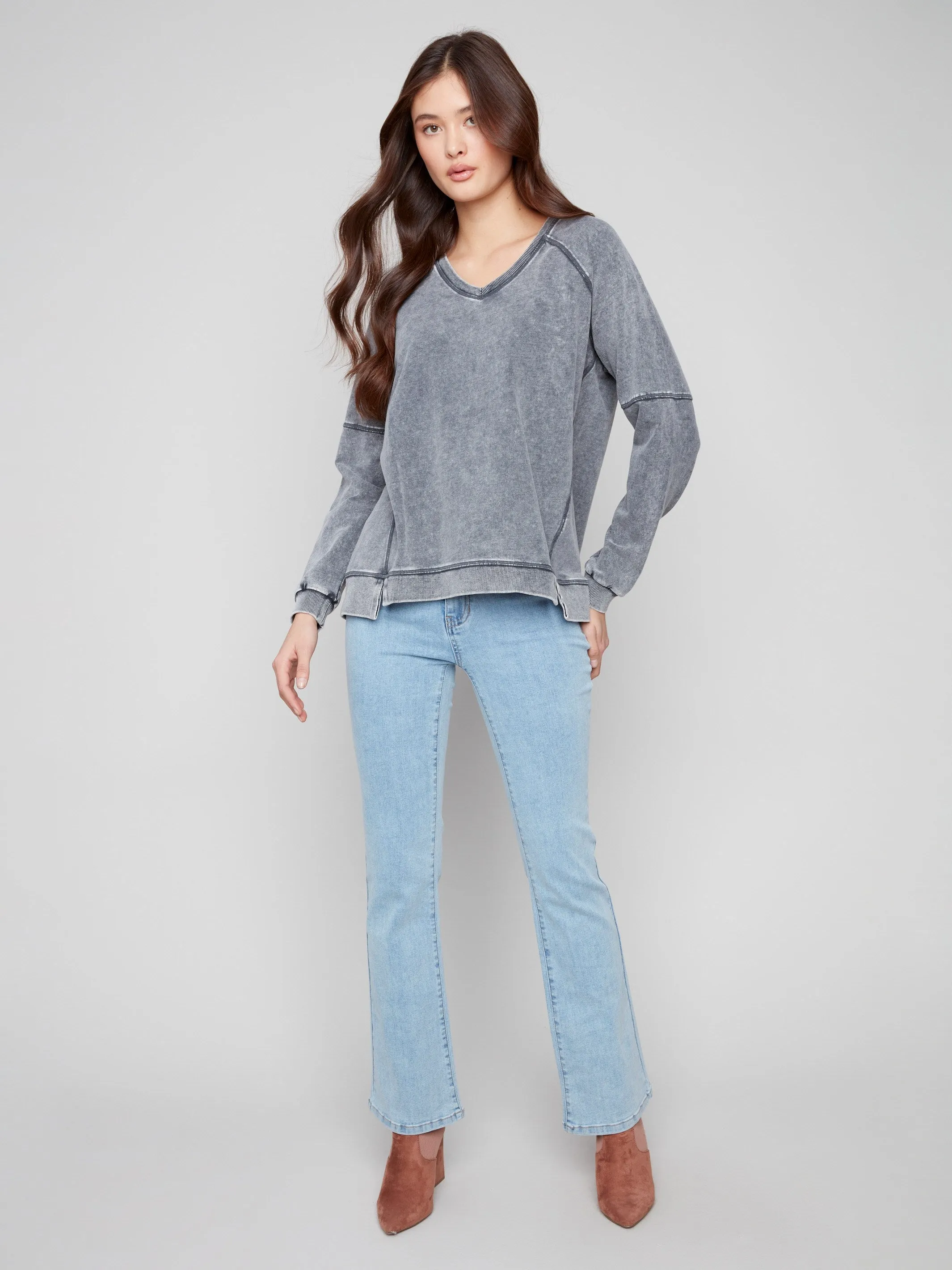 Sporty Gear All-Occasion Wear Cold Dye French Terry V-Neck Top - Charcoal