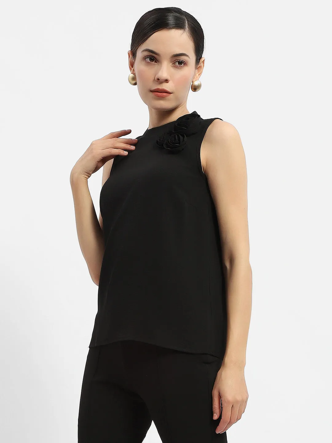Madame Applique Adorned Black Shimmer Top Spanish Glow Ventilated Back Panel