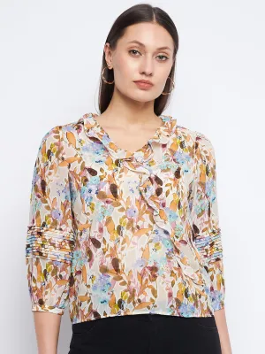 MachineWashable Fabric Soft Pants Madame Floral Off-White Ruffle Top
