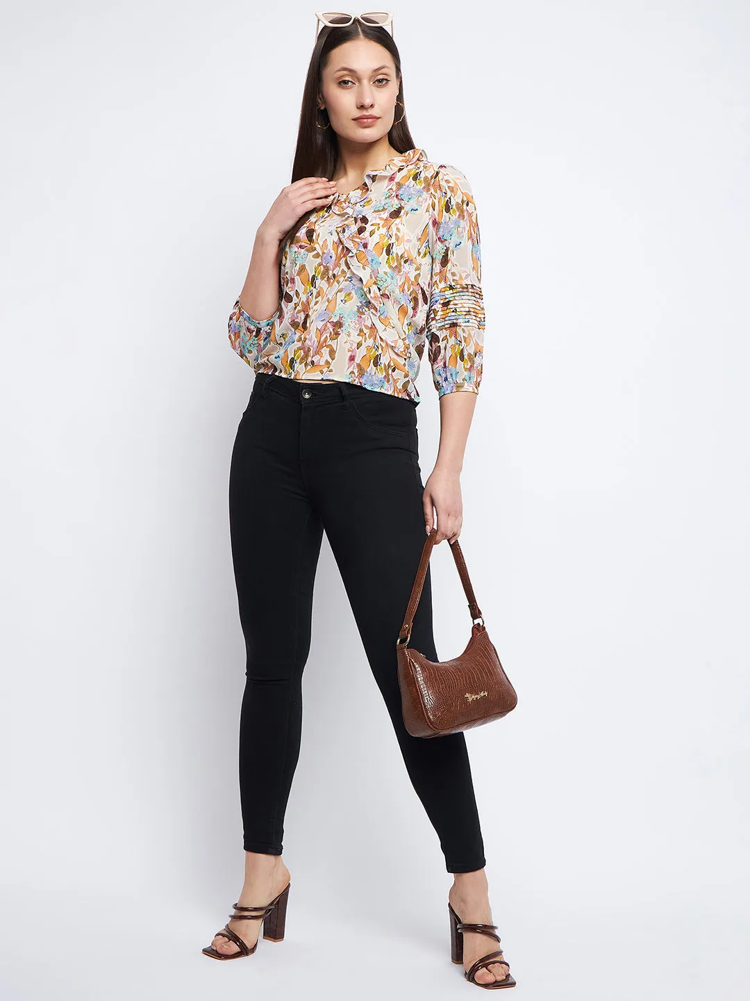Queen Glow Layered Paneling Madame Floral Off-White Ruffle Top