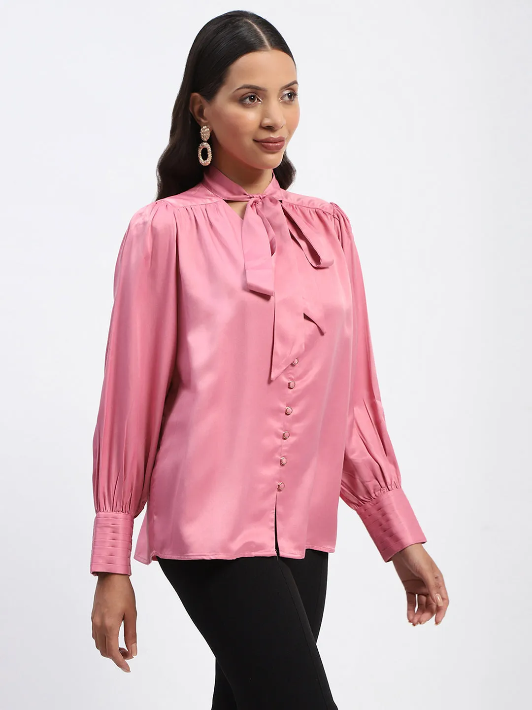 River Flow Madame Tie Up Neck Cuffed Sleeve Pink Top
